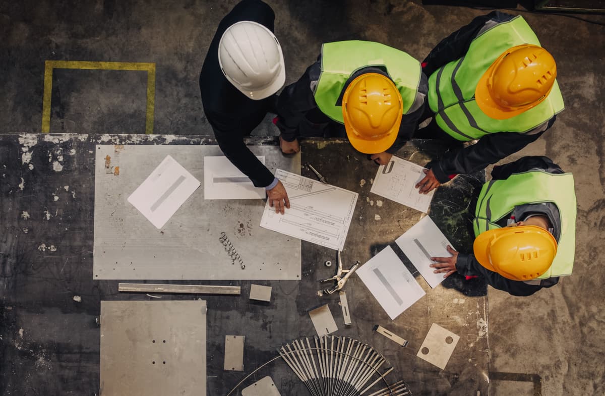 Factory workers collaborating in manufacturing environment